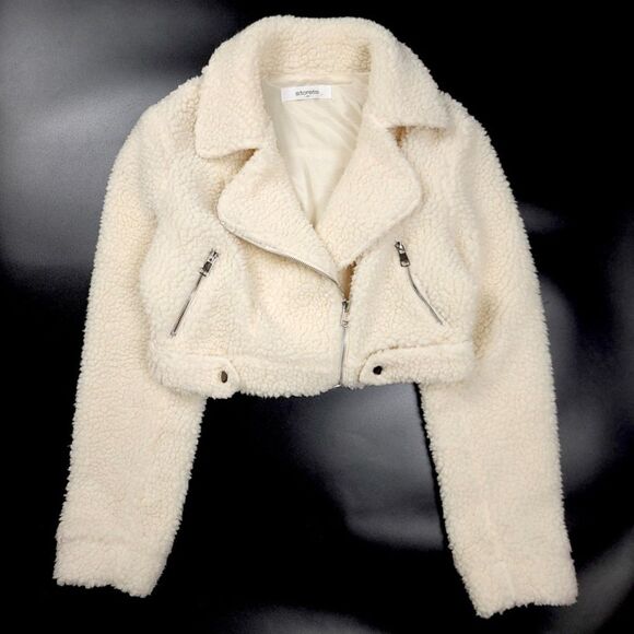 STORETS Katrina Sherpa Cropped Teddy Jacket Moto Faux Fur Cream 90s Y2k Medium - Picture 1 of 9